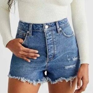 We The Free White Ribbed Henley Top with Mid-Blue High-Waisted Denim Shorts